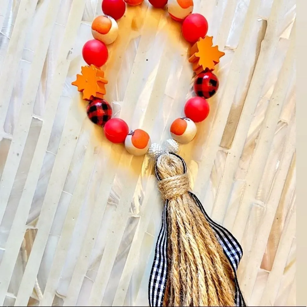 NEW Wood Bead Garland with Plaid Tassels